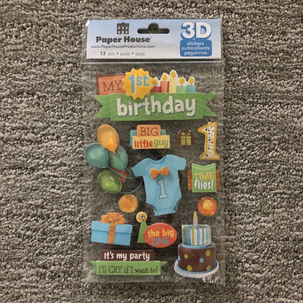 1st Birthday Stickers - NEVER OPENED - 3D - Baby Item - Paper House
